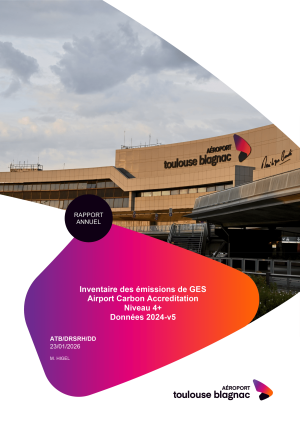Couverture du rapport annuel sur l’inventaire des émissions de gaz à effet de serre de l’Aéroport Toulouse-Blagnac, données 2024.